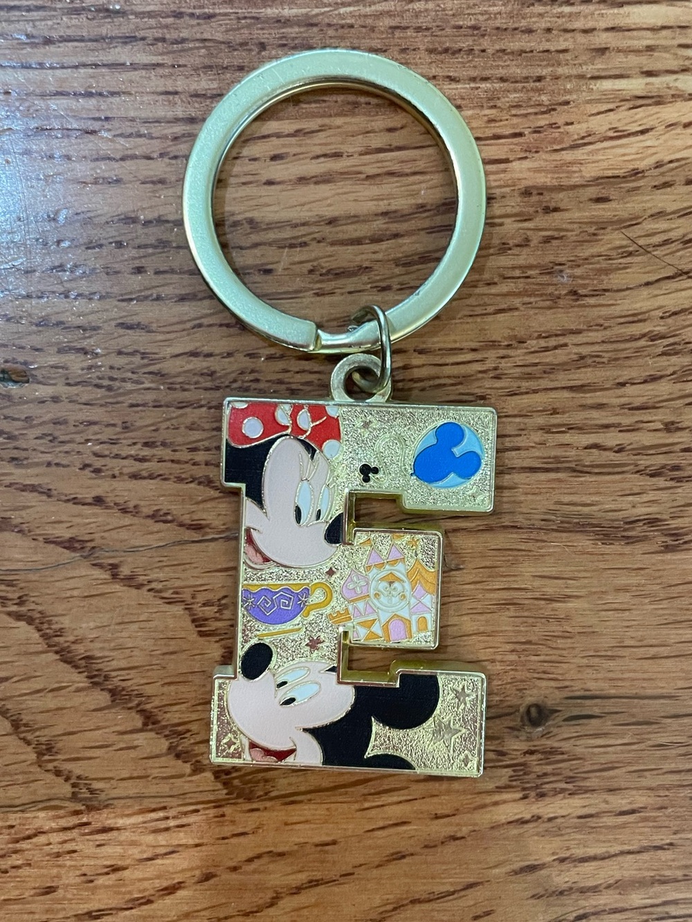 Gold Tone 'E' Enamel Minnie Mouse Keychain